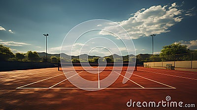 empty tennis court on the sunny morning Stock Photo