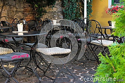 Empty terrace of an romantic cafe in Zagreb, Croatia, Europe Stock Photo