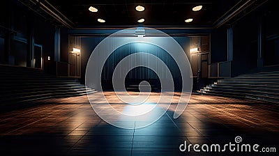 Empty theater stage, large spacious open plan interior with various lights with lights on, AI generative Stock Photo