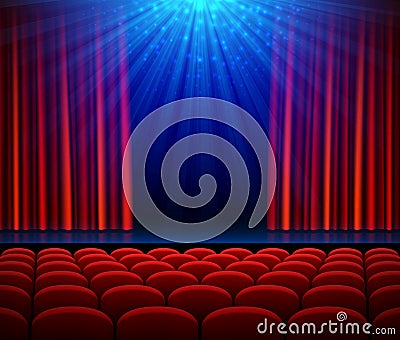 Empty theater stage with red opening curtain, spotlight and seats Vector Illustration