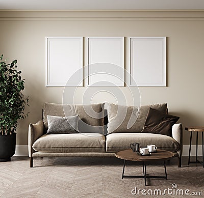 Empty three poster frames on beige wall in living room interior with modern furniture and plant, gray sofa and cozy pillows, 3d Stock Photo