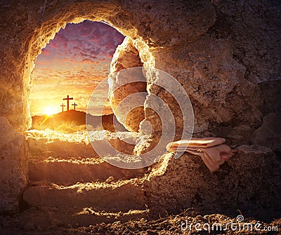 Empty Tomb With Crucifixion At Sunrise Stock Photo