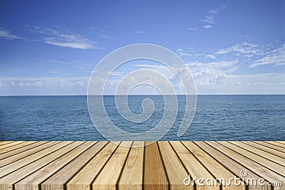 Empty top wooden decking and beautiful peace sea in background,rest moment,time to rest,chill out. Stock Photo