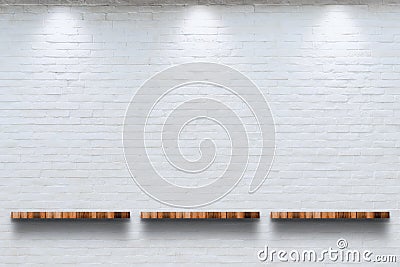Empty top of wooden shelf with white brick wall background Stock Photo
