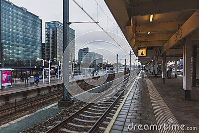 Empty tracks and platform in South Station in Amsterdam Editorial Stock Photo