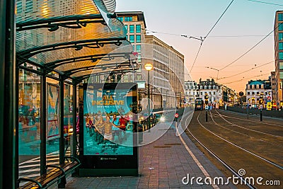 Empty tram and bus passenger station in Brussels at sunset Editorial Stock Photo