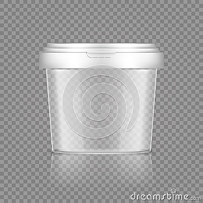 Empty transparent bucket with cap mockup for ice cream, yoghurt, mayonnaise, paint, or putty container Vector Illustration