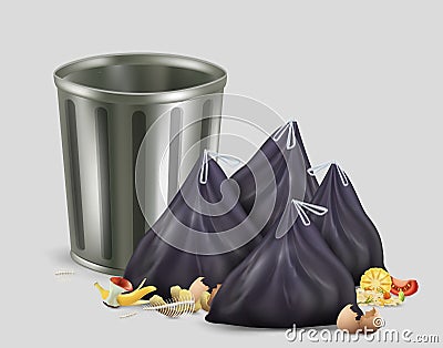 Empty trash bin, kitchen garbage container and full plastic trash bags, vector illustration. Food garbage, organic waste Vector Illustration