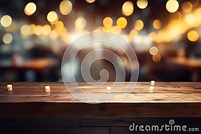 Empty wooden table top with lights bokeh on blury background, neural network generated image Stock Photo