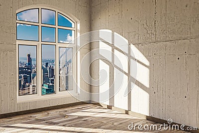 empty urban appartment with skyline view and brigth sunlight trough arched window modern architecture design 3D Illustration Stock Photo
