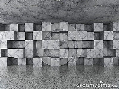 Empty urban room with chaotic concrete cubes tile wall. Architecture background Cartoon Illustration