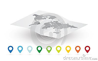Empty vector world map abstract travel concept and color pins Vector Illustration