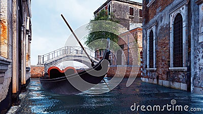 Empty venetian gondola on water canal in Venice Cartoon Illustration