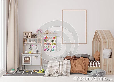Empty vertical picture frame on white wall in modern child room. Mock up interior in scandinavian style. Free, copy Stock Photo
