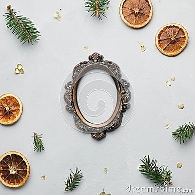 Empty vintage oval photo frame. Stock Photo