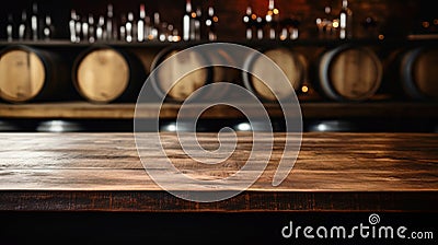 Empty vintage wood table on blurred wine cellar background, old desk in dark bar or restaurant. Wooden barrels in storage of Stock Photo