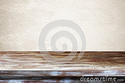 Empty vintage wood table and white cement wall background, banner, table top, shelf, counter design for product display montage Stock Photo