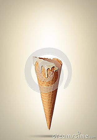 Empty waffle cone with a melting ice cream cone Stock Photo