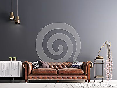 Empty wall in classical style interior with leather sofa on grey background wall. Stock Photo