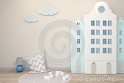 Empty wall in the interior of the children`s room in the Scandinavian style. Wardrobe in the form of Amsterdam houses. Stock Photo