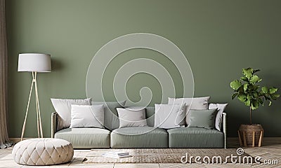 Empty wall interior design in modern living room mock-up , green armchair with white cushions Scandinavian style Cartoon Illustration