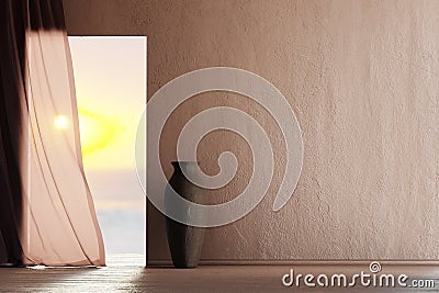 Empty wall in luxury summer beach house with sea view behind curtains. Tropical room interior design with neutral color material. Stock Photo