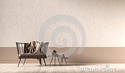 Empty wall mock up in modern style interior with wooden armchair. Minimalist interior design. 3D illustration Cartoon Illustration