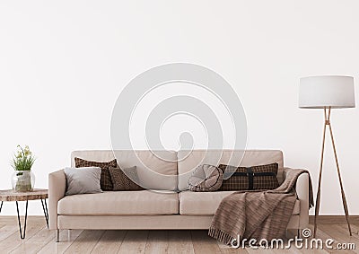 Empty wall in modern living room, beige sofa on empty white background Cartoon Illustration
