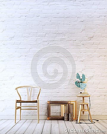 Empty wall with wooden chair and air fan in a white brick background modern interior Stock Photo
