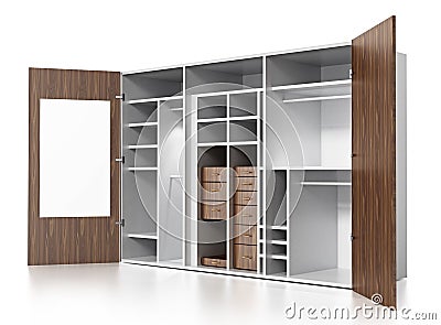 Empty wardrobe isolated on white background. 3D illustration Cartoon Illustration