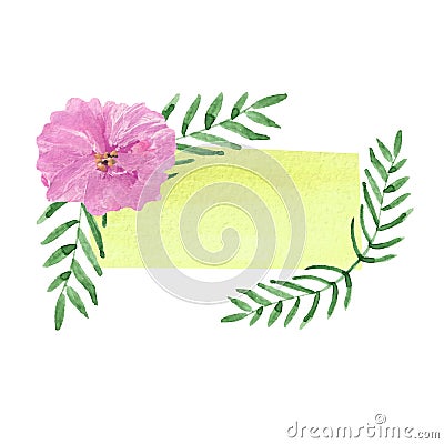 Empty watercolor template of yellow color with pink flower and green leaves Cartoon Illustration