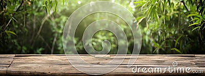 Empty weathered old wooden boards table with bamboo trees in background. Ideal for product showcase with copy space. Generative Ai Stock Photo