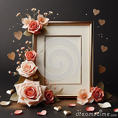 elegant wedding picture frame mockup with peach white and red rose petals decoration ai generated Stock Photo