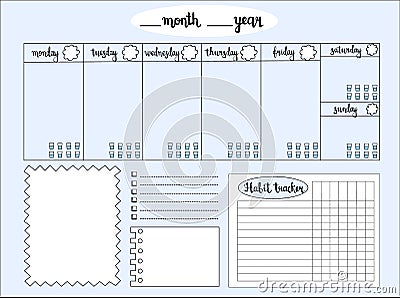 Empty weekly planner with water level tracker, space for notes, Vector Illustration