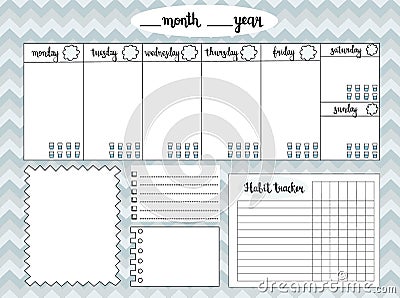 Empty weekly planner with water level tracker, space for notes, Vector Illustration