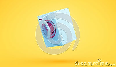 Empty White Blue Pink Washing Machine with open door on Yellow Background. Cartoon Illustration