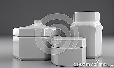 Empty white containers for skin care cosmetics, 3D rendering, generative AI Cartoon Illustration