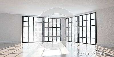 Empty white cozy living loft room with bright style laminate wooden floor 3d render illustration Cartoon Illustration