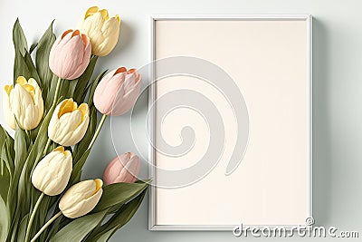 Empty white frame for text with beautiful tulips on the side. Botanical art. Mockup template. Generative AI Stock Photo