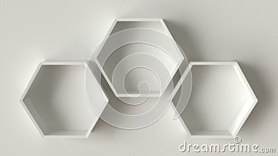 Empty white hexagons shelves on concrete wall background, 3D rendering Stock Photo