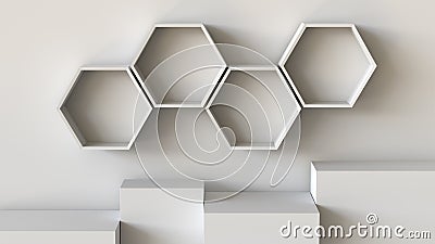 Empty white hexagons shelves and cube box podium on wall background. 3D rendering. Stock Photo