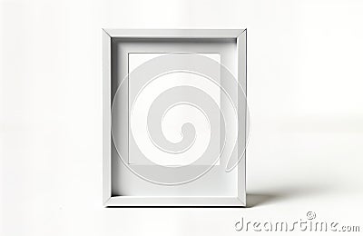 Empty white instant photo frame stands on white background. Simple design. Slight shadow on white surface. Blank frame for adding Stock Photo