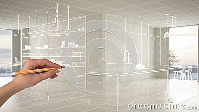 Empty white interior with white ceramic marble tiles floor, hand drawing custom architecture design, white ink sketch, blueprint Stock Photo