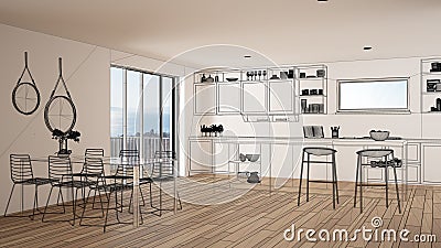 Empty white interior with parquet floor and big panoramic window, custom architecture design project, black ink sketch, blueprint Stock Photo