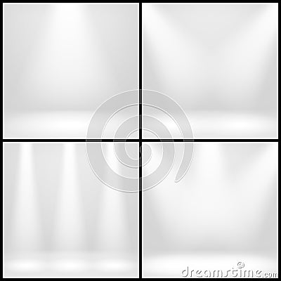Empty white interior, photo studio room with lamps vector backgrounds set Vector Illustration