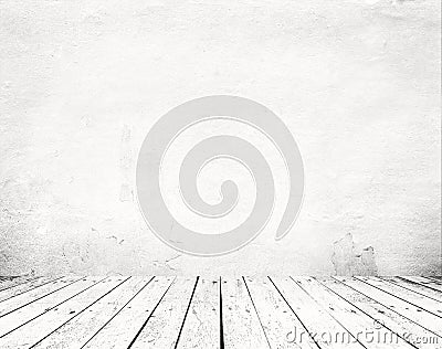 Empty a white interior of vintage room - gray grunge concrete wall and old wood floor. Stock Photo