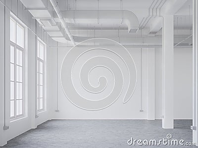 Empty white loft room with the ducts of the air conditioning system 3d render Stock Photo