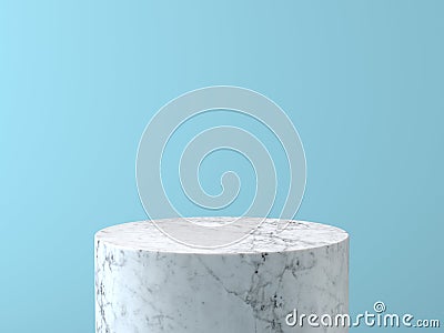 Empty white marble podium on pastel blue color background. 3D rendering. Stock Photo