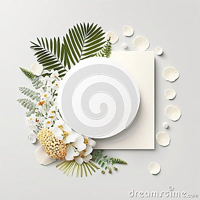 Empty white mocup, frame circle for text with spring decor. Generated AI Stock Photo