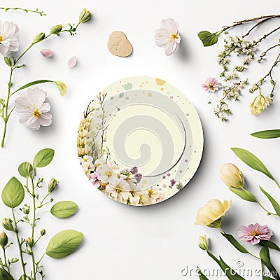 Empty white mocup, frame circle for text with spring decor. Generated AI Stock Photo